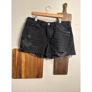 Topshop Black Moto Ashley Cut Off Distressed Frayed Edge Denim Shorts Size 10